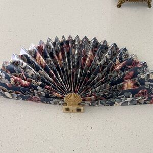 Floral Navy Fan with Gold Shell Base
